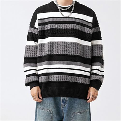 Men's Vintage Sweater Oversized Cable Knit Crewneck Sweaters Casual Long Sleeve Striped Pullovers2