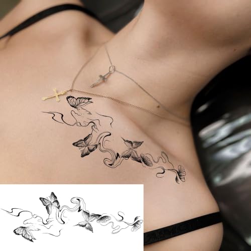 Image of Bilizar 14 Sheets Unique Butterfly Plum Blossom Temporary Tattoos For Women Adults Clavicle Tattoo Sticker, Realistic Fish Bird Fake Tattoos Rose Flowers Leaf Body Art Tatoos Long Lasting Waterproof
