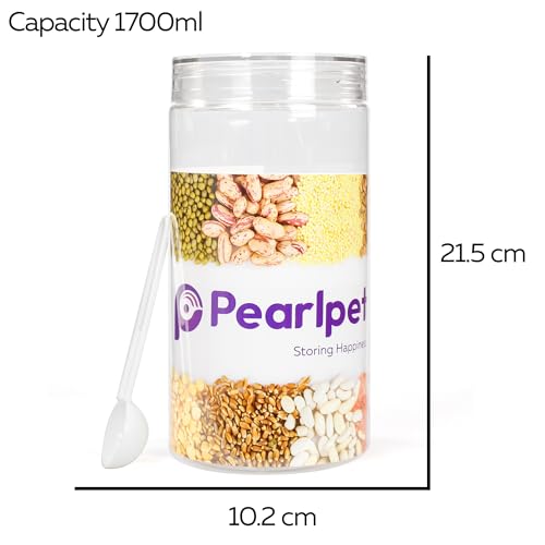 Image of PEARLPET Plastic Containers for Kitchen Storage | Plastic Container Set with Spoon | BPA-Free, Stackable Jars | Transparent, 1700ml (Set of 8)