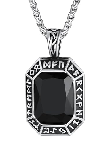 Image of ChainsHouse Viking Rune Pendant Necklace for Men Women, Punk Biker Black Metal /316L Stainless Steel Onyx Norse Vintage Amulet Necklaces with Black /Red /Green /Blue Gemstone, Send Gift Box