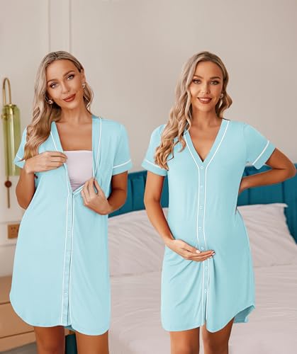 Image of Ekouaer Womens Nightgown Button Down Sleep Shirts Short Sleeve Nightshirt V-Neck Sleepdress Soft Sleepwer