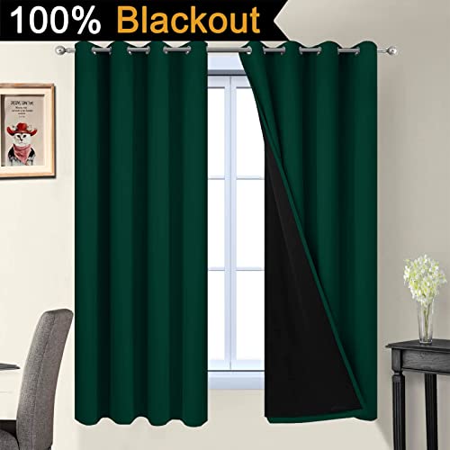 Image of Yakamok Dark Green 100% Blackout Curtains 72 Inches Long 52 inch Wide 2 Panels | Blackout Curtain Panels for Bedroom, 2 Thick Layers Grommet Top Thermal Insulated Drapes with Black Liner for Living Room