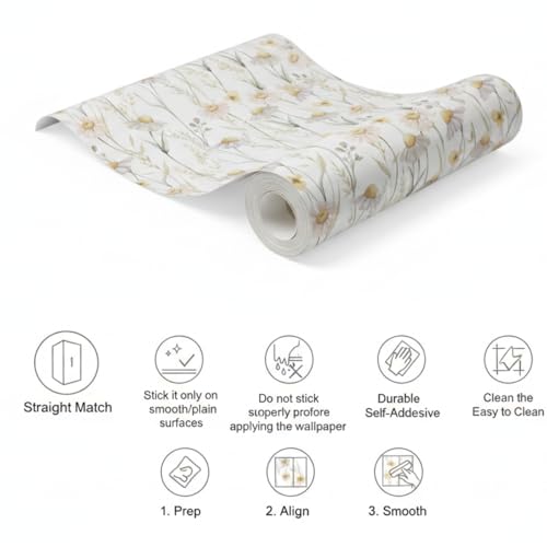 Image of Floral Wallpaper Peel and Stick - Flower Design Self Adhesive Wall Paper for Living Room, Bedroom, Kitchen, Removable Waterproof Wall Decor (MG17, 16X90 Inch)