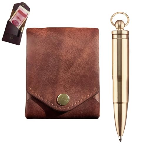 Vintage Handmade Leather Wallet For Men,Ultra Thin Minimalist Wallet,With Compact Built-in Pen Slot And Leather Business Card Holder.(Wallet with pen)