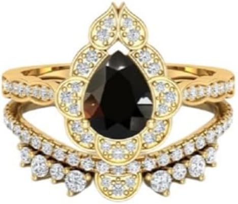 Generic Pear 1.5 CT Black Onyx Engagement Gold Ring Set, Vintage Gold Halo Rings Sets, 14K Solide Gold Ring for Adorable Girl, Moissanite Gold Ring
