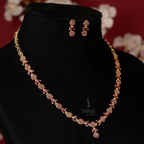 Image of Sasitrends Micro Gold Plated American Diamond Ruby stone Studded Necklace Jewellery Set