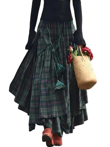 Vintage Asymmetrical Tiered Maxi Skirt, Double-Sided Plaid Pattern, A-Line Silhouette