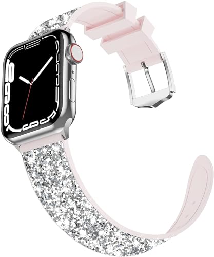 iiteeology Bling Band Compatible with Apple Watch Band 45mm 44mm 42mm, Leather Glitter Band for iWatch Ultra 2/Ultra Series 9/8/7/6/5/4/3 - Silver/Pink