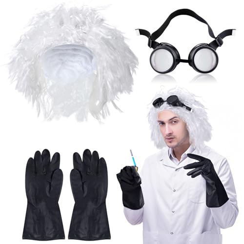 Soulchen 3 Pcs Mad Scientist Costume for Adult Mad Scientist Accessories Men Include White Wig, Black Gloves, Goggles for Halloween Costume Cosplay
