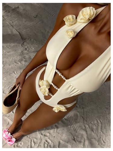 WDIRARA Women's 3D Floral Cut Out One Piece Swimsuit Deep V Neck Tie Halter Backless Swimwear2