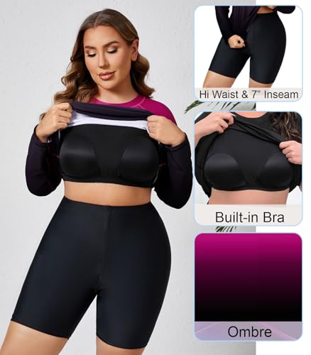 Halcurt Women's Built in Bra Long Sleeve Rash Guard Plus Size 2 Piece Swimsuit Shirt and Shorts3