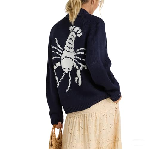Y2K Graphic Cardigan Sweaters for Women Lobster Print Button Down Knit Tops Long Sleeve V Neck Open Front Sweater Coat