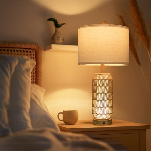 Image of OYEARS 25 inch Table Lamps Set of 2 with Night Light,Bedside Lamps for Bedroom,Boho Lamps with USB C+A Charging Ports,Farmhouse Table Lamp with Rattan,Frosted Glass,Linen Shade (Wood Grain,Bulb Included)