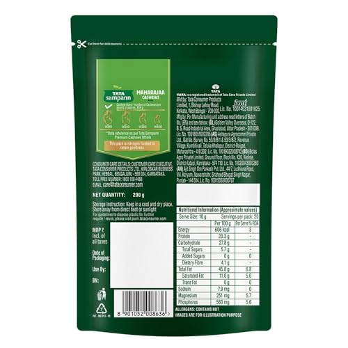 Image of Tata Sampann Maharajaa Cashews /Kaju (Whole), Source of Protein, Magnesium, Phosphorus, Dietary Fibre, Chef Ranveer Brar's Choice, 200g