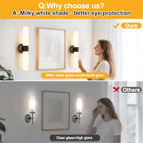 Image of Wall Sconces Set of Two, Modern Bathroom Sconces Wall Lighting with Milky White Glass, Brown Sconces Wall Decor Set of 2 for Bathroom Mirror Bedroom Living Room Hallway