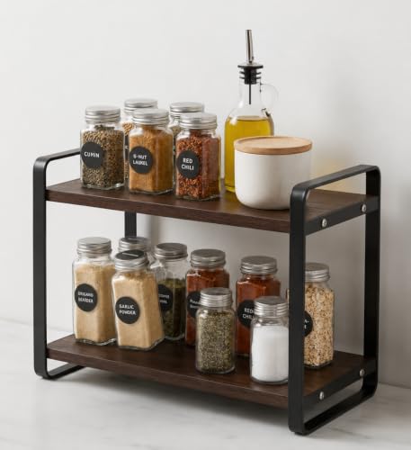 Image of FireBees Kitchen Organizer Rack | 2 Tier Metal Wooden Kitchen Shelf Organisers & Shelf Riser for Counter Top | Wooden Kitchen Storage Stand | Rack for Spice Bottles, Jars, Seasonings 33 x 16 x 25 cm