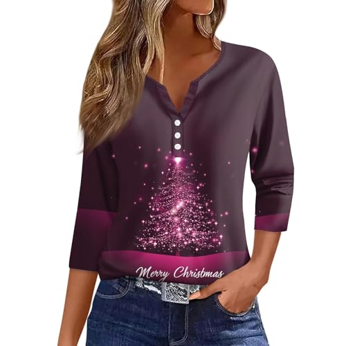 Christmas T Shirts for Women 3/4 Sleeve V Neck Button Down Blouses Vintage Holiday Print Comfy Casual Xmas Outfits - Main Image