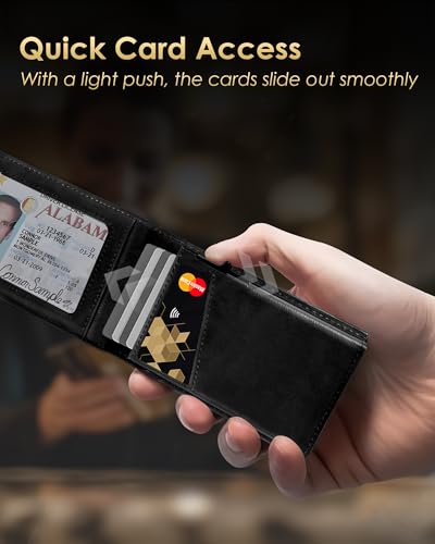 Image of QLD Wallet for Men - RFID Blocking [Functional & Practical] Bifold Slim Minimalist Credit Card Holder Pop Up Metal Case with Cash Slot, Front Pocket with ID Window, Gift Boxed (BLACK)