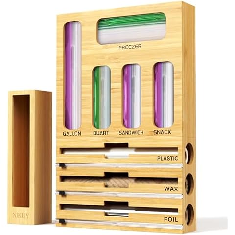 NIKUY 9 IN 1 Bamboo Foil and Plastic Wrap Organizer for Kitchen Drawer, Plastic Bag Organizer Organization and Storage, Food Storage Bag Organizer with Labels for Quart Gallon Snack Sandwich Bag Cover