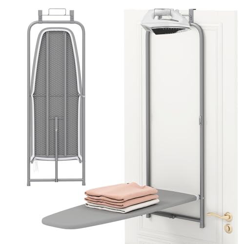 COSTWAY Over the Door Ironing Board Space-Saving Metal Hanging Ironing Board with Iron Holder & Cotton Cover Compact Fold Down Iron Stand for Home Apartment Laundry Room Dorm (35L x 17W x 47H)