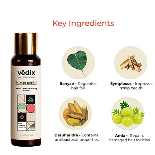 Vedix Hair Fall Oil For Men-Ahuta Root Stimulating Hair Oil With Banyan + Symplocos + Daruharidra Customized For Normal-Oily Scalp & Straight Hair-Customized Ayurveda For Hair Growth In Men-100Ml