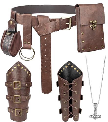 Image of 7PCS Renaissance Accessories - Medieval Belt, Viking Leather Bracers, Belt Pouch & Money Bag for Halloween Cosplay