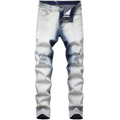 DGHM-JLMY Mens Ripped Jeans Fashion Washed Straight Fit Slim Jeans Distressed Destroyed Comfort Flex Waist Pants