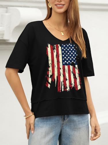 Image of UNCLECAT Womens V Neck T Shirts Summer Trendy Loose Fit Casual Tops Tees | Short sleeve, Spliced hem, Flowy graphic tees,Solid color cute basic t-shirts