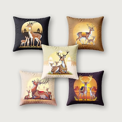 Image of Ultimate Trends Digital Printed Soft Cotton Feel Polyester Decorative Cushion Cover, Modern Eligent Designs, Heavy Long Life Fabric,12 inch X 12 inch Set of 5,Brown Deer