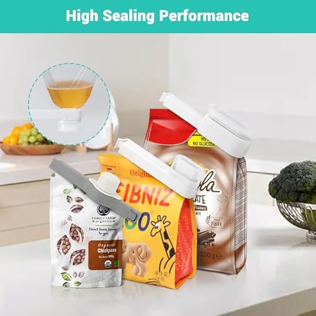 7PCS Bag Clips for Food,3 Sizes Bag Clips with Pour Spout Reusable Food Storage Clip with Graduated Lid,Sealing Clip with Nozzle Snack Dispenser Ideal for Cereal Liquid Flour Cat/Dog Organization