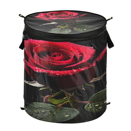 Black with a Red Rose Laundry Basket with Straps, Laundry Basket, Bedroom Laundry Basket