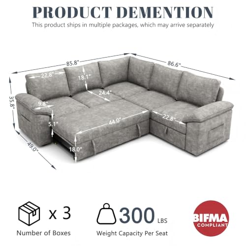 Image of 85'' Modular Sectional Sofa with Pull Out Bed, Sleeper Sofa, Light Gray