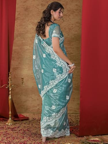 Image of Satrani Women's Net Embroidery Saree with Unstitched Blouse Piece
