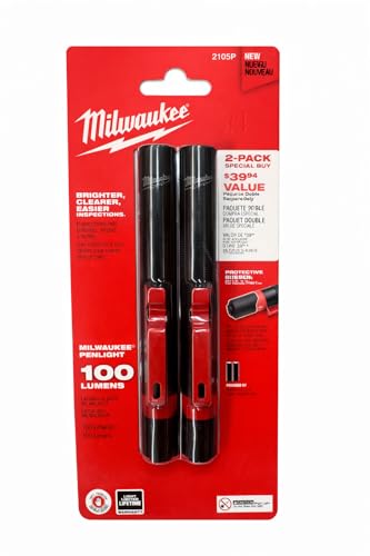 Milwaukee 2105P Penlight 100 Lumen With Protective Rubber Bite Zone Waterproof Dustproof 3hr Run Time High Beam 43m Distance Value 2-Pack