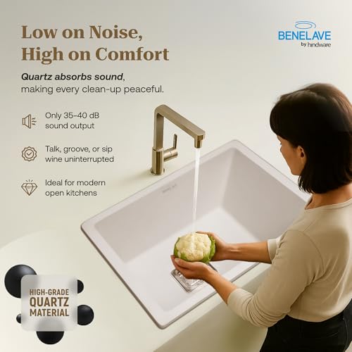 Image of Benelave by Hindware BLACP91010 Quartz Sink 21x18 for Kitchen | Single Bowl | White Color | Better Sound Absorption for Quieter Use | 7-year Manufacturer Warranty