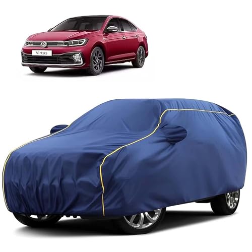 Image of Sulfar 100% Water Resistant Car Body Cover Compatible with Mirror for Volkswagen Virtus (Triple Stitched, Full Bottom Elastic, Blue Tafetta with Yellow Piping)