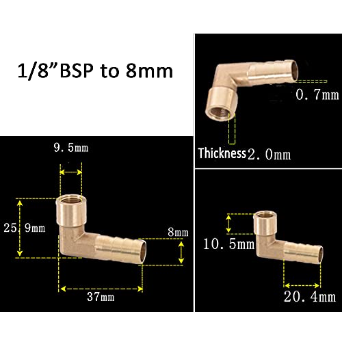 HATOOLHA® Brass Barb Hose Fitting, Elbow Pipe Connector 8mm Barbed to 1/8" BSP Female Thread 90 Degree Pipe Adapter Connector - Image 2