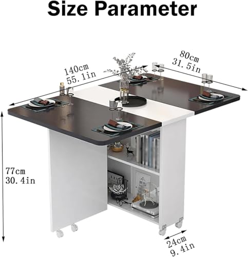Foldable Extendable Dining Table with Storage Rack 2 Drawers Movable Wood Marble Table Space Saving for Indoor Outdoor Kitchen Living Room