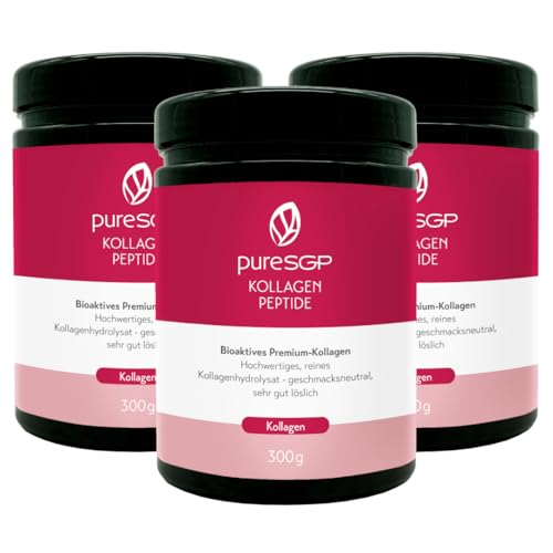 pureSGP® Kollagen [3x300g]: Reinstes Kollagen in Apothekenqualität - Bioaktive Premium-Peptide aus hochwertigem Kollagenhydrolysat. Mit Vitamin C & Biotin - Geschmacksneutral - Gute Löslichkeit