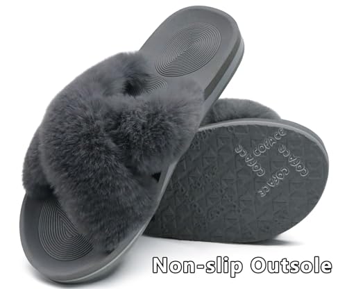 Image of COFACE Womens Fuzzy Slides Fluff Faux Fur Cross Slippers Open Toe Yoga Mat House Slipper Sandals With Arch Support For Indoor /Outdoor