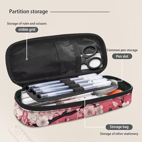 Image of Black Gray Butterflies Peach Blossom Pen Case Pouch, Large Capacity Pencil Pouch Pen Cases School Office Supplies Holder Box for Purse Fountain Pens