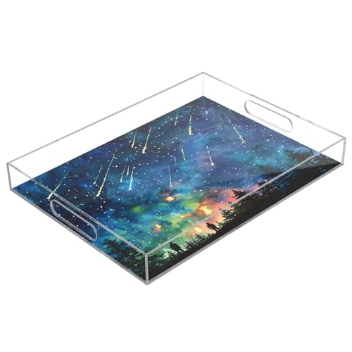 BOESI Watercolor Stars and Trees Pattern Acrylic Decorative Dining Tray, Acrylic Decorative Tray Organizer with Handle for Kitchen, Dining Room, Bathroom, Dresser