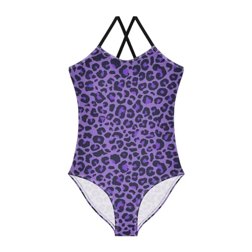Aflyko Animal Print Girls Halter Swimsuit Purple Leopard Print Cute One Piece Beach Swimwear 3-10T