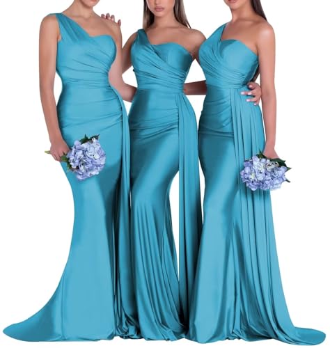Image of One Shoulder Bridesmaid Dresses for Wedding Long Satin Bodycon Prom Dress Mermaid Formal Evening Gowns