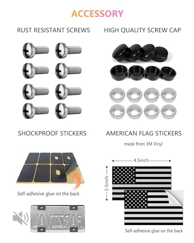 American Flag License Plate Frames - 2 Pack Black Stainless Steel Patriotic USA Car Tag Frame with UV-Printed Flag & 3D Metal Decals