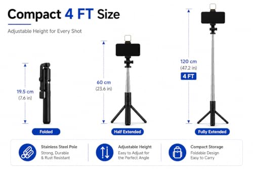 Image of Selfie Stick Tripod 67cm with Light (4 FT) | 3-in-1 Multifunctional, Foldable Design, Metal Build, Smartphone Compatible, 1 Year Warranty
