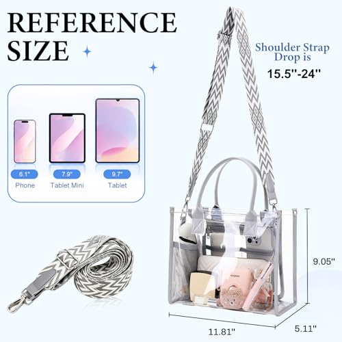 Image of Clear Tote Bag Stadium Events Transparent Clear Purse for Women Thick PVC Shoulder Bag with Guitar Strap for Concert