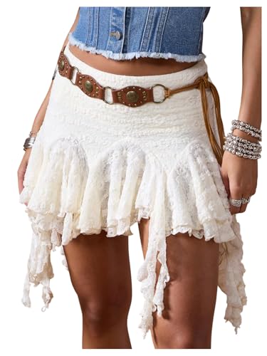 Verdusa Women's Y2k Boho Western Lace Ruffle Skirt Cowgirl Flowy Mini Skirts Festival Outfits