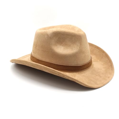 Image of Unisex Western Suede Cowboy Cowgirl Hat Classic Wide Brim Fedora Hat for Men &Women