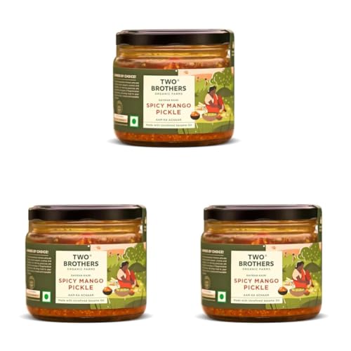 Image of Two Brothers Organic Farms Spicy Mango Pickle (300g) Handmade with Native Gavran Kairi | Wood-Pressed Sesame Oil | No Vinegar, Additives or Preservatives | Traditional Family Recipe (Pack of 3)